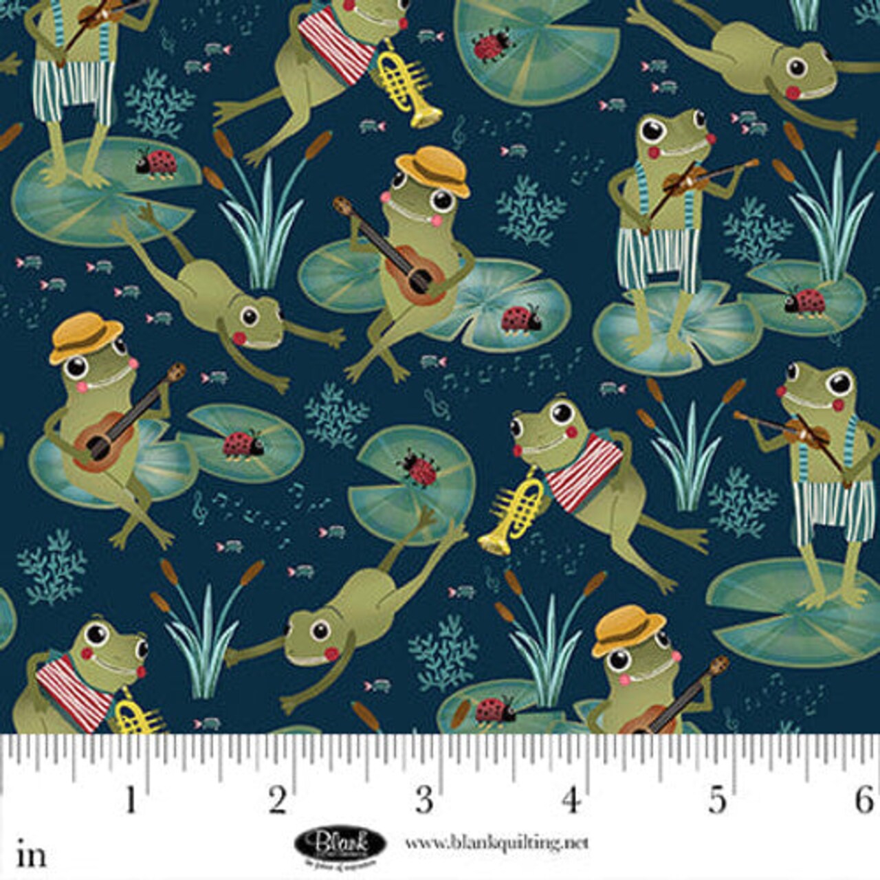 Fabric Blank Quilting Navy Frogs with Instruments Lake Night Serenade by the Quarter Yard 4303-77